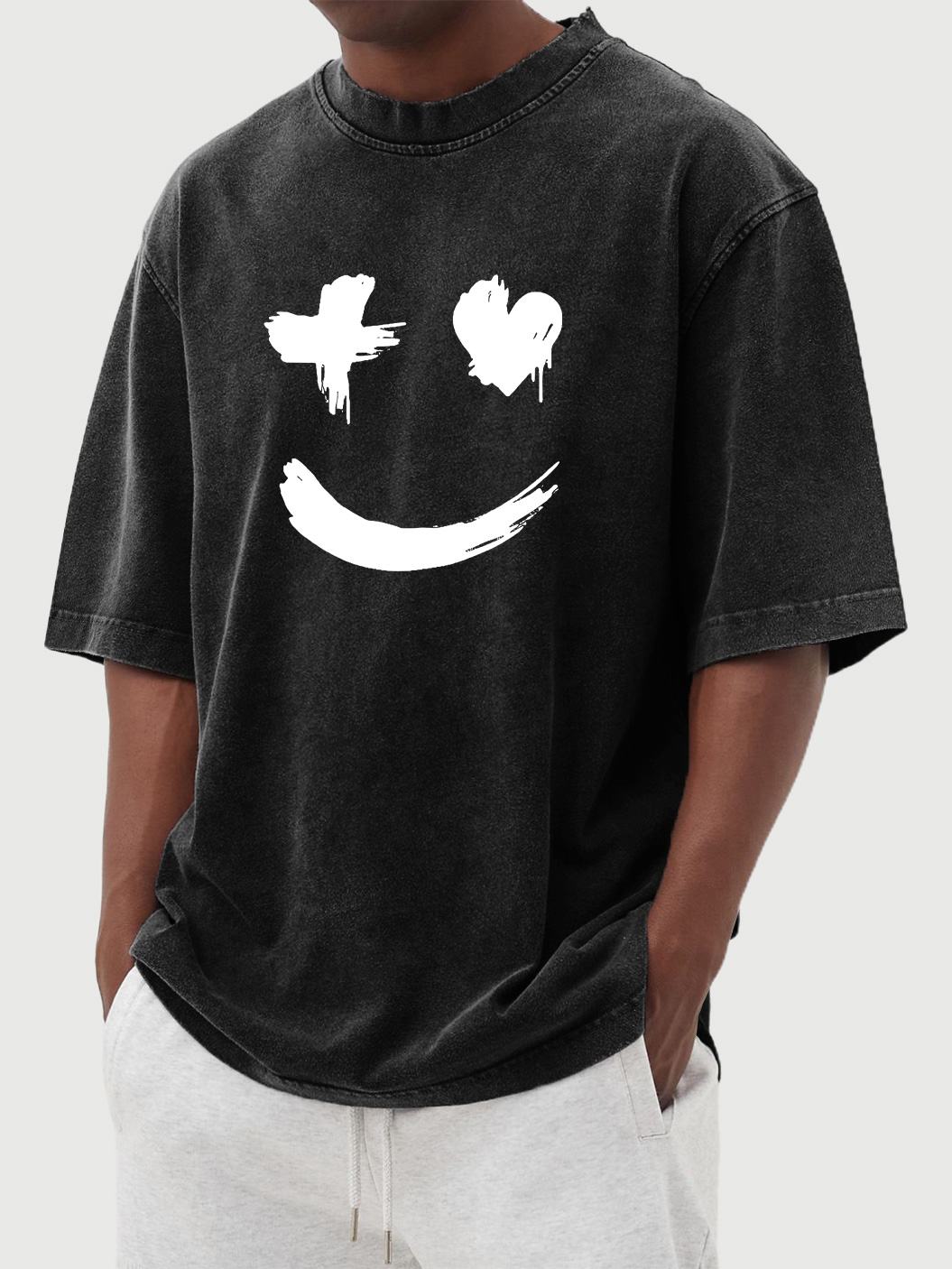 Men's vintage washed distressed heart smile print short-sleeved T-shirt