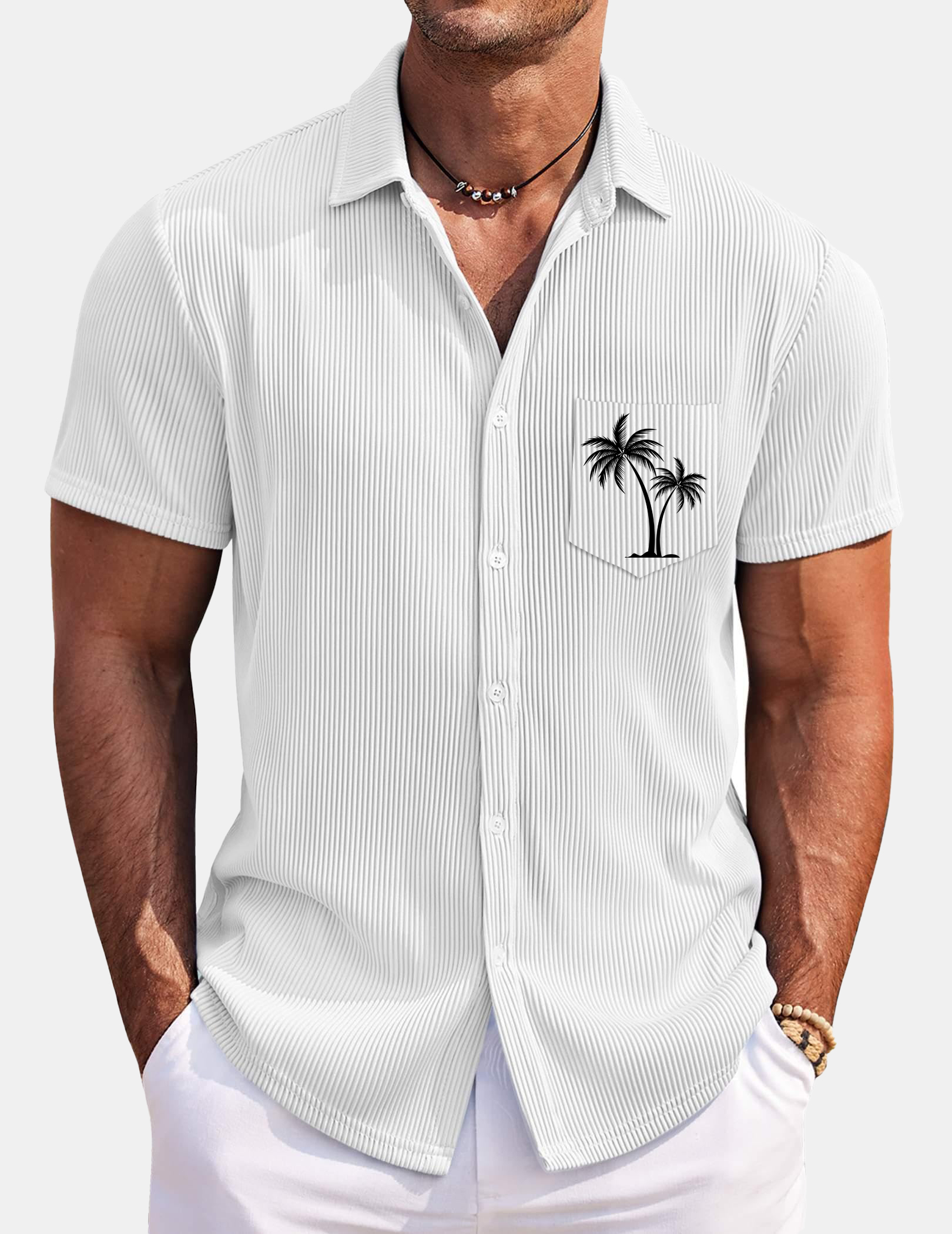 Men's Hawaiian Coconut Strip Solid Color Comfortable Short Sleeve Shirt