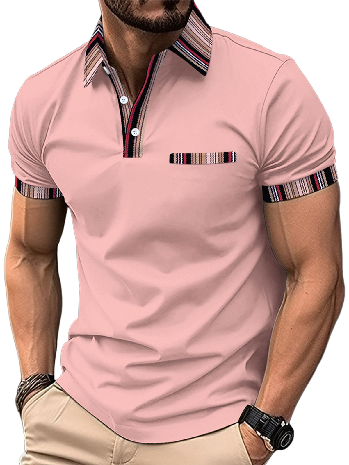 Men's Casual Fake Pocket Striped Color Block POLO Shirt