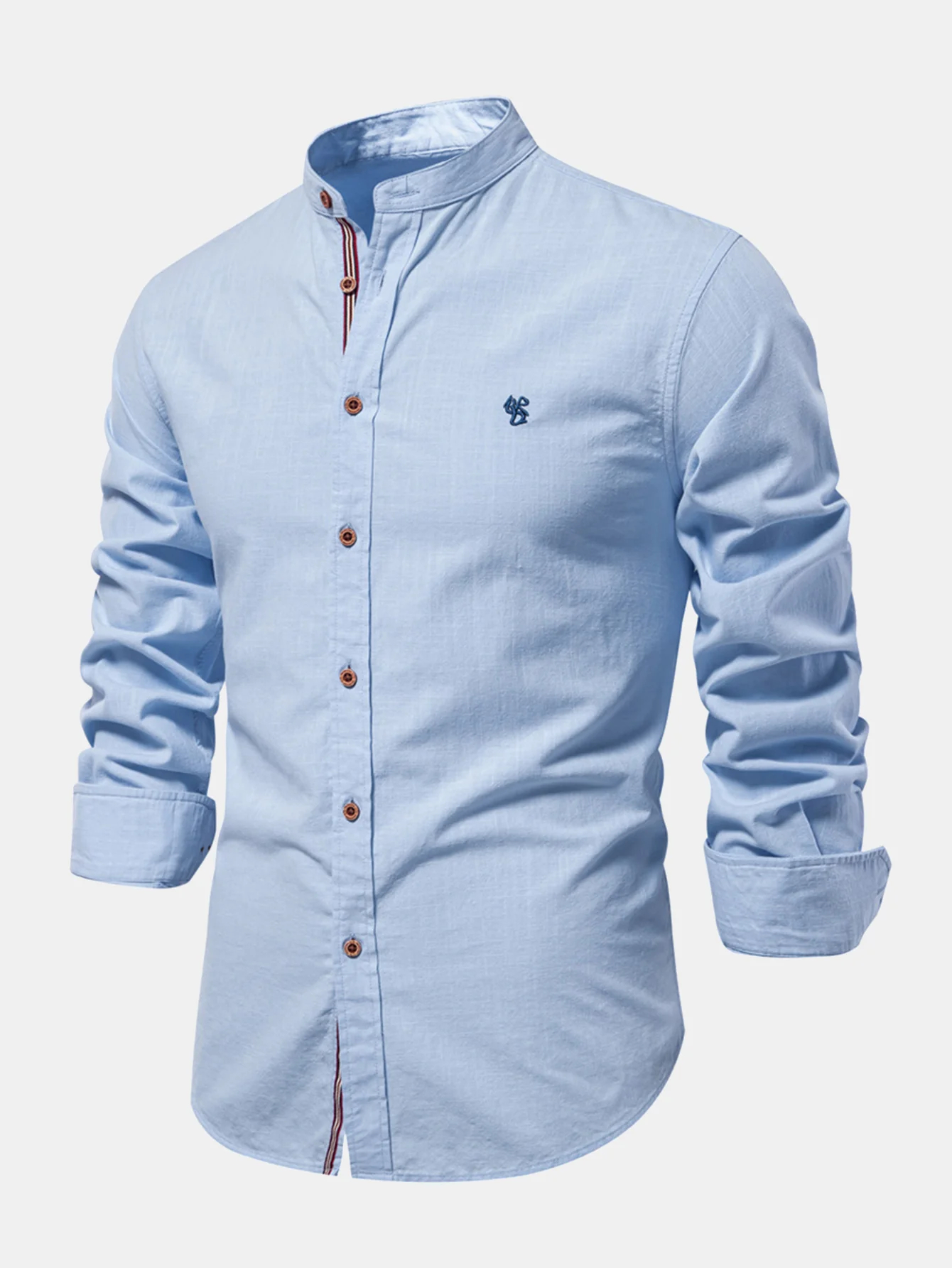 Long Sleeve Linen Embroidered logo Look Stand Collar Shirt