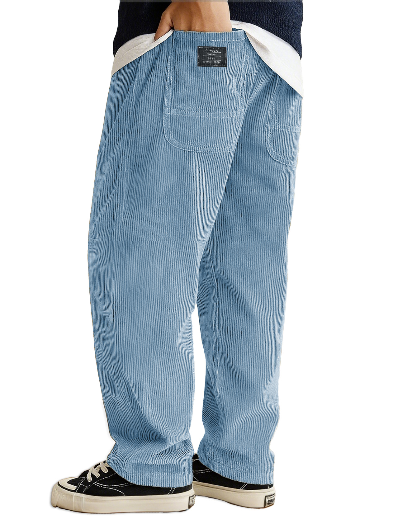 Men's Stylish Everyday Corduroy Ribbed Fabric Pants With Loose-fitting Drawstring Waist And Embroidered Logo