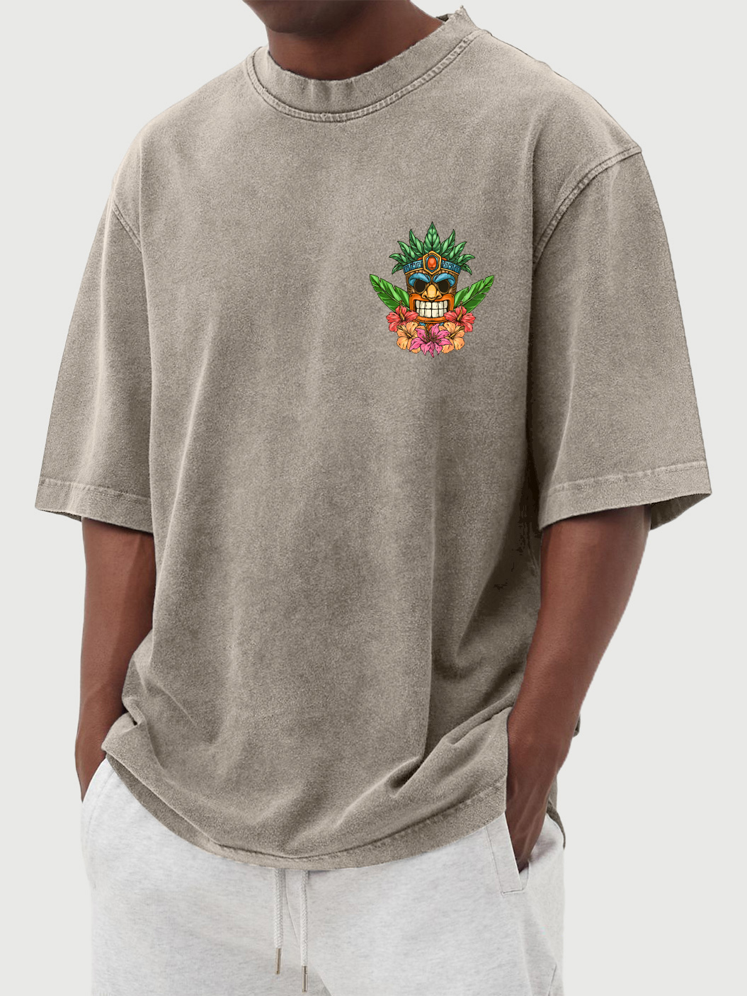 Men's Retro Washed Tiki Print Cotton Short Sleeve T-Shirt