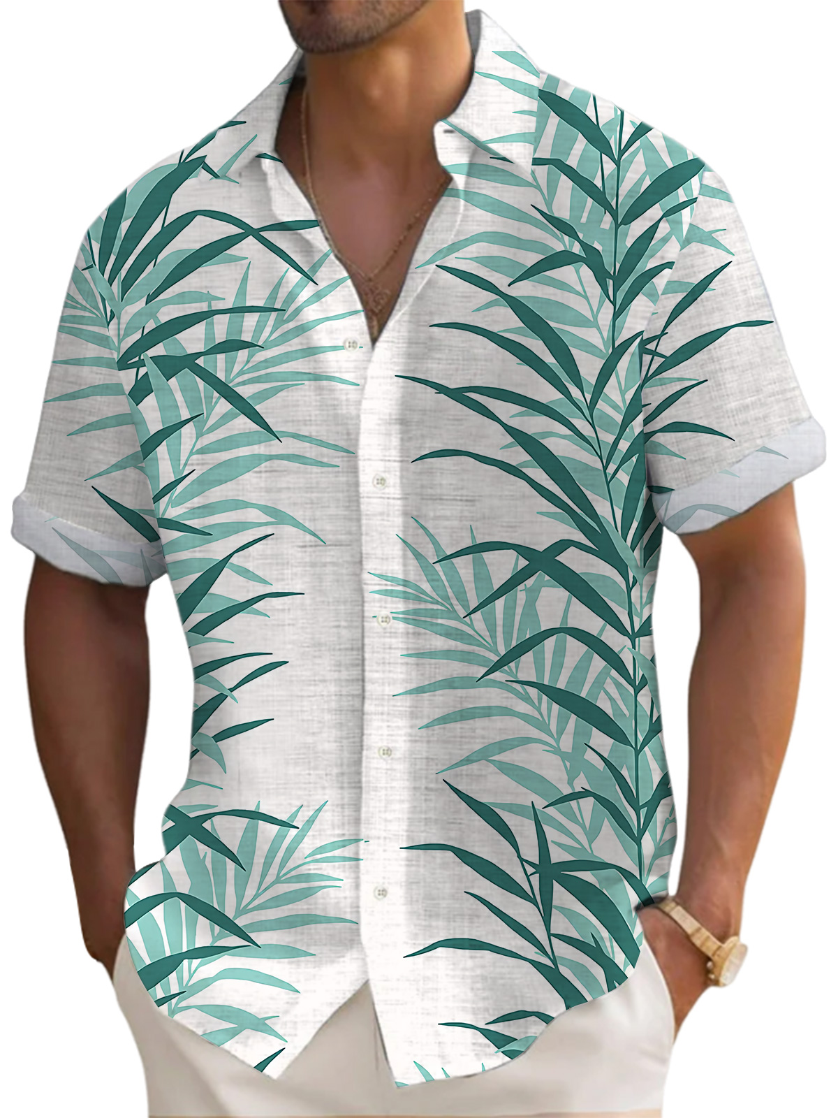 Men's Hawaiian Palm Leaf Print Short Sleeve Shirt
