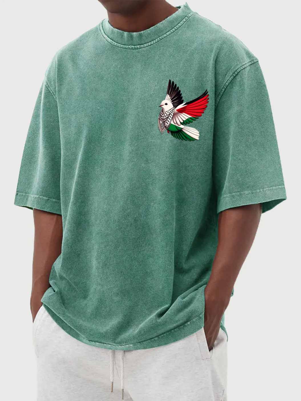 Men's Fashion Vintage Washed Peace Dove Print Short Sleeve T-Shirt