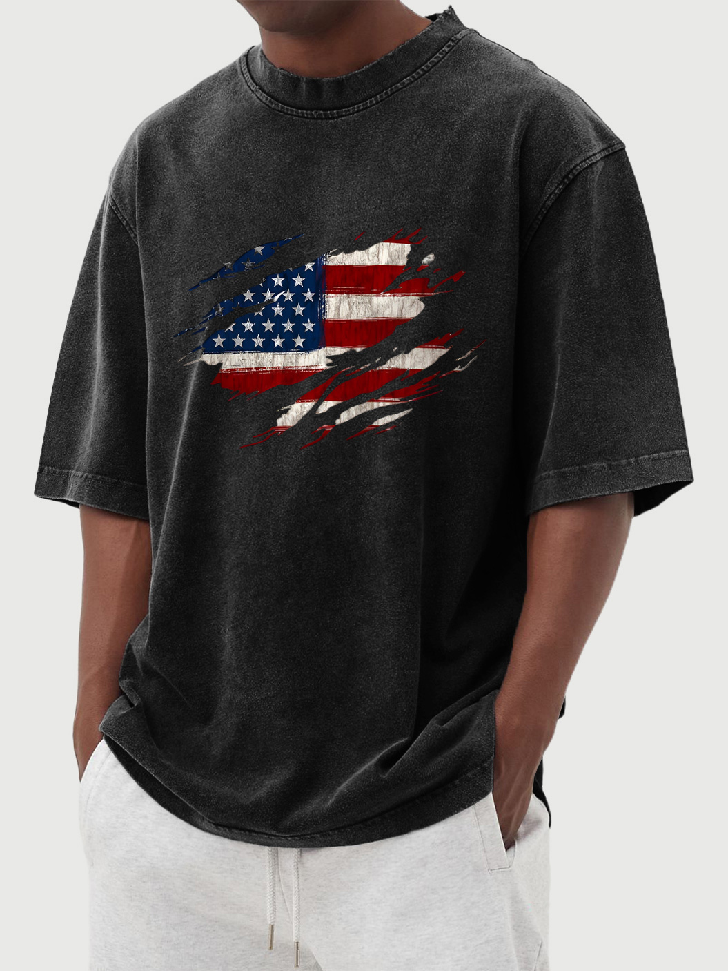 Men's vintage washed flag print cotton short-sleeved T-shirt