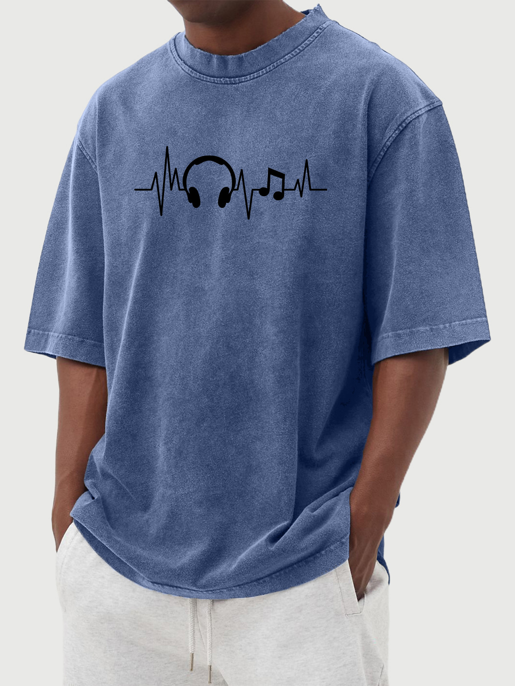 Men's vintage washed distressed headphone note printed short-sleeved T-shirt