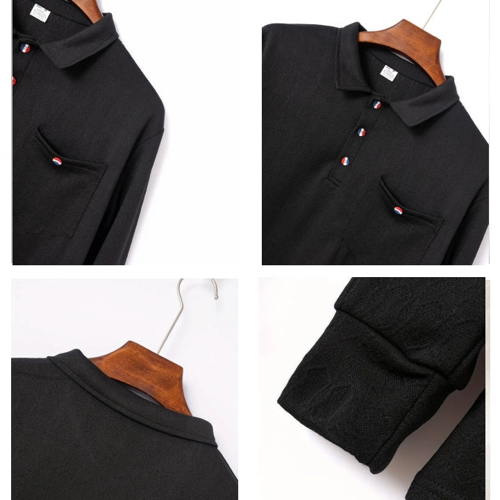 High Quality Men's Pocket Long Sleeve Jacquard Lapel Polo