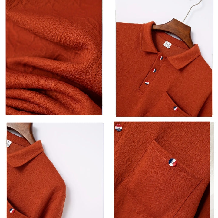 High Quality Men's Pocket Long Sleeve Jacquard Lapel Polo