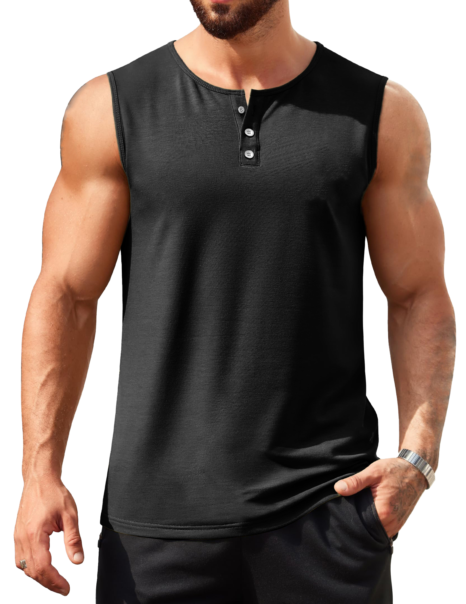 Men's Hawaiian Casual Comfort Button-Down Crew Neck Sleeveless Henley Shirt