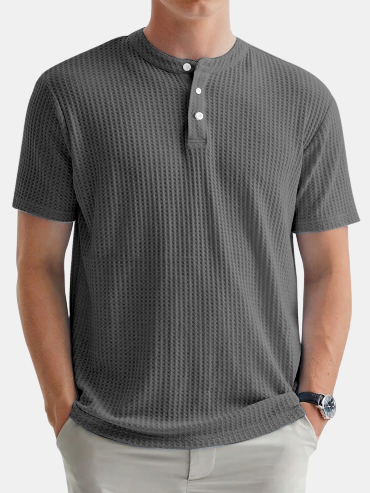 Men's Casual Solid Color Waffle Round Neck Button Down Short Sleeve Henley Shirt