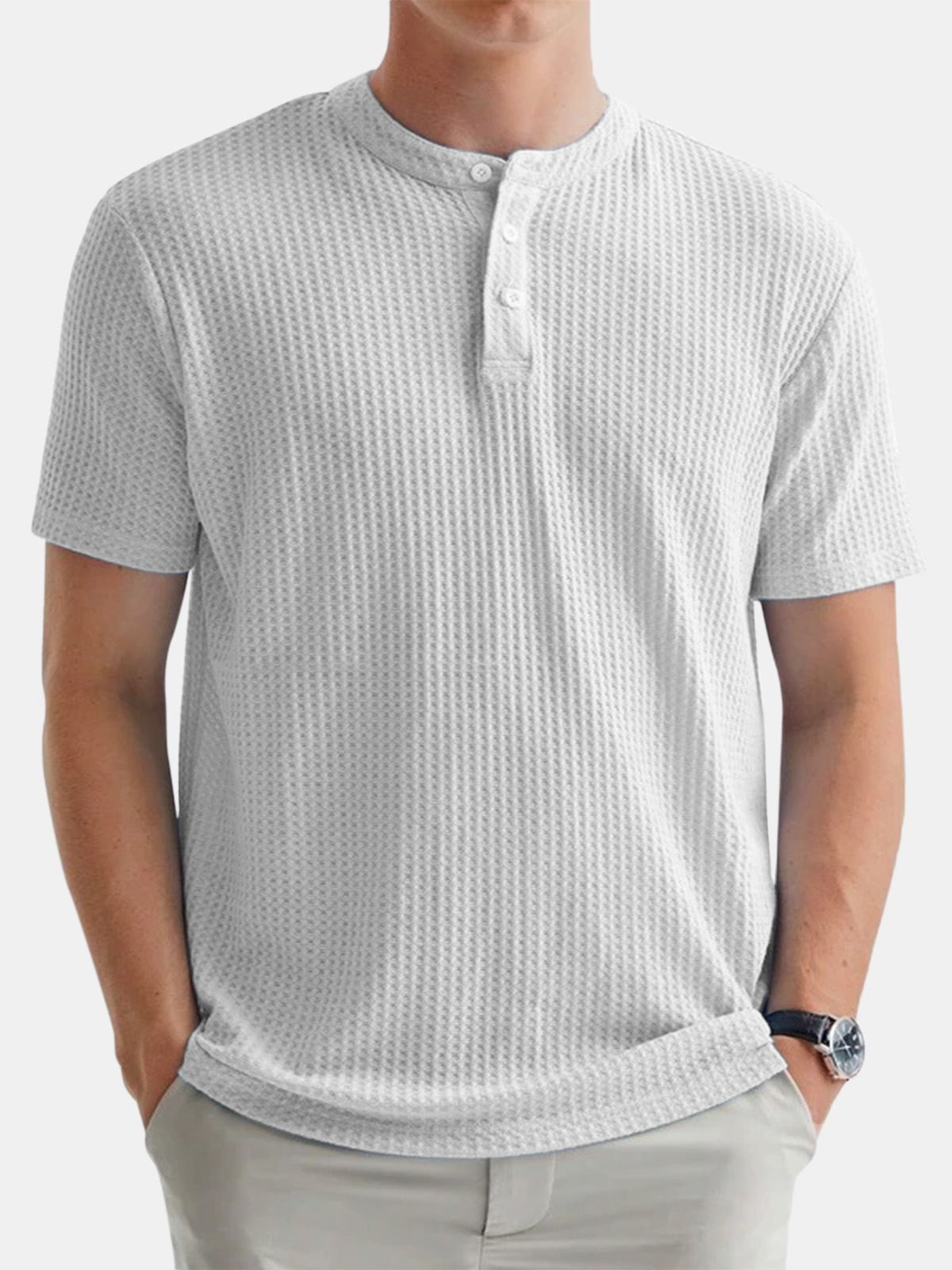 Men's Casual Solid Color Waffle Round Neck Button Down Short Sleeve Henley Shirt