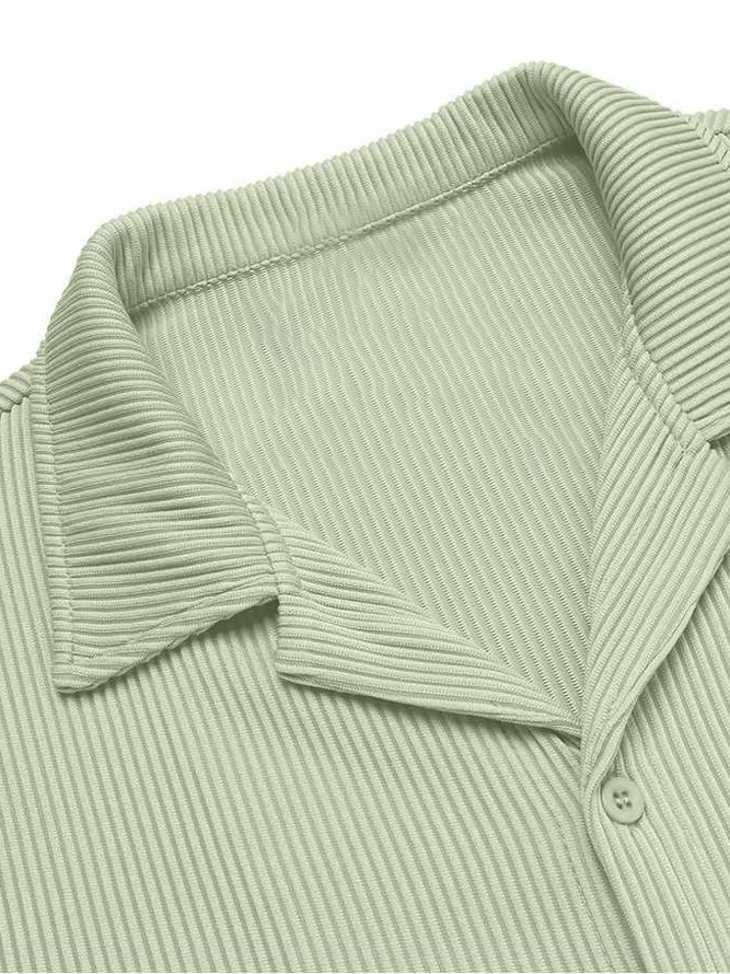 Men's Casual Solid Color Ribbed Cuban Collar Short-sleeved Shirt