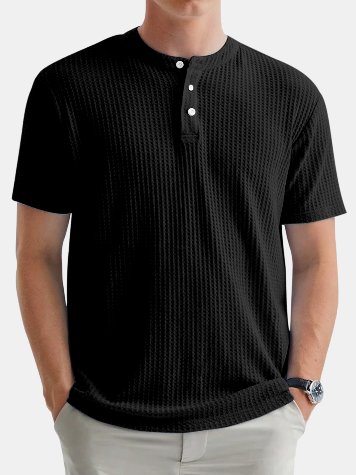 Men's Casual Solid Color Waffle Round Neck Button Down Short Sleeve Henley Shirt