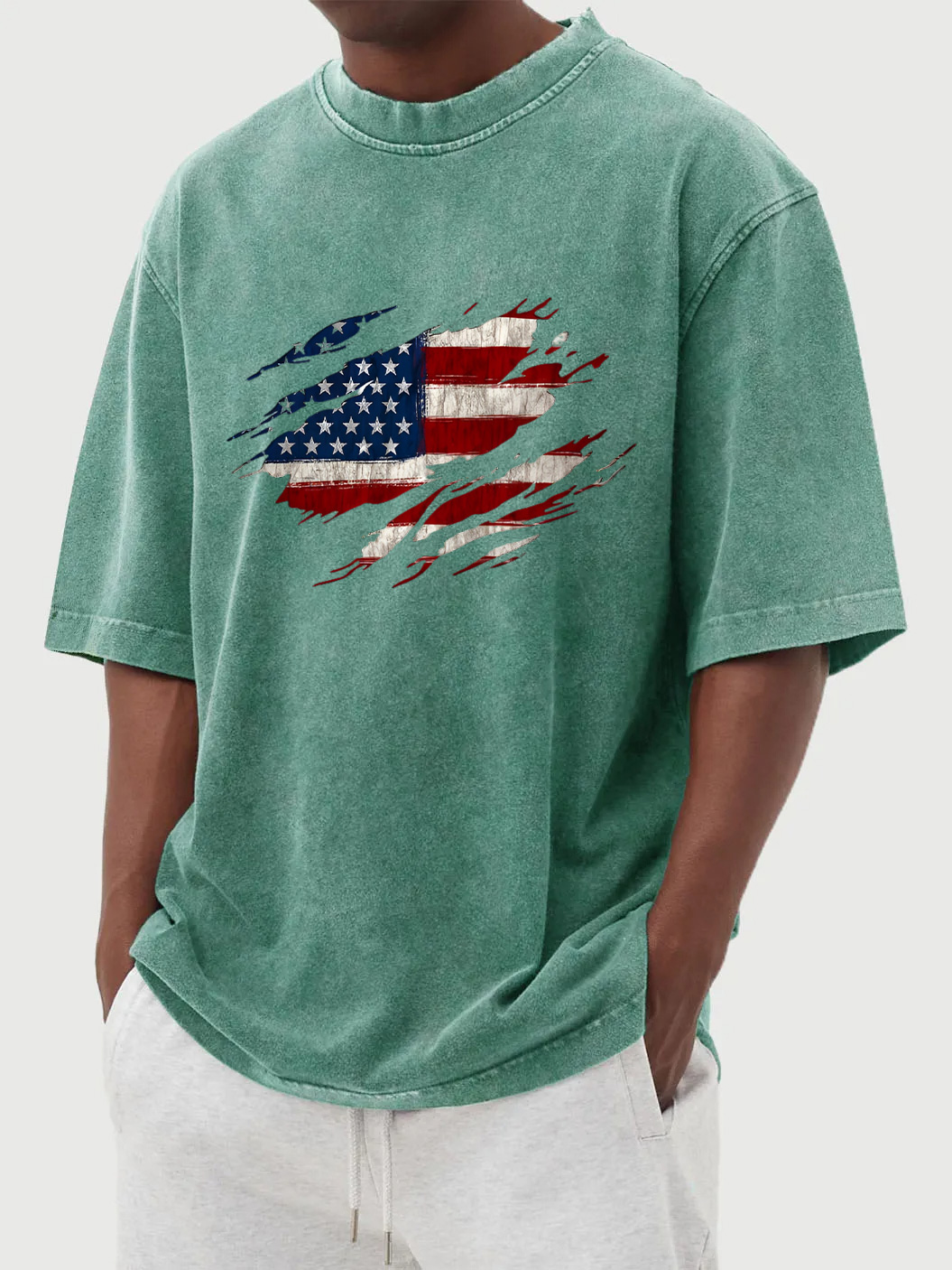 Men's vintage washed flag print cotton short-sleeved T-shirt
