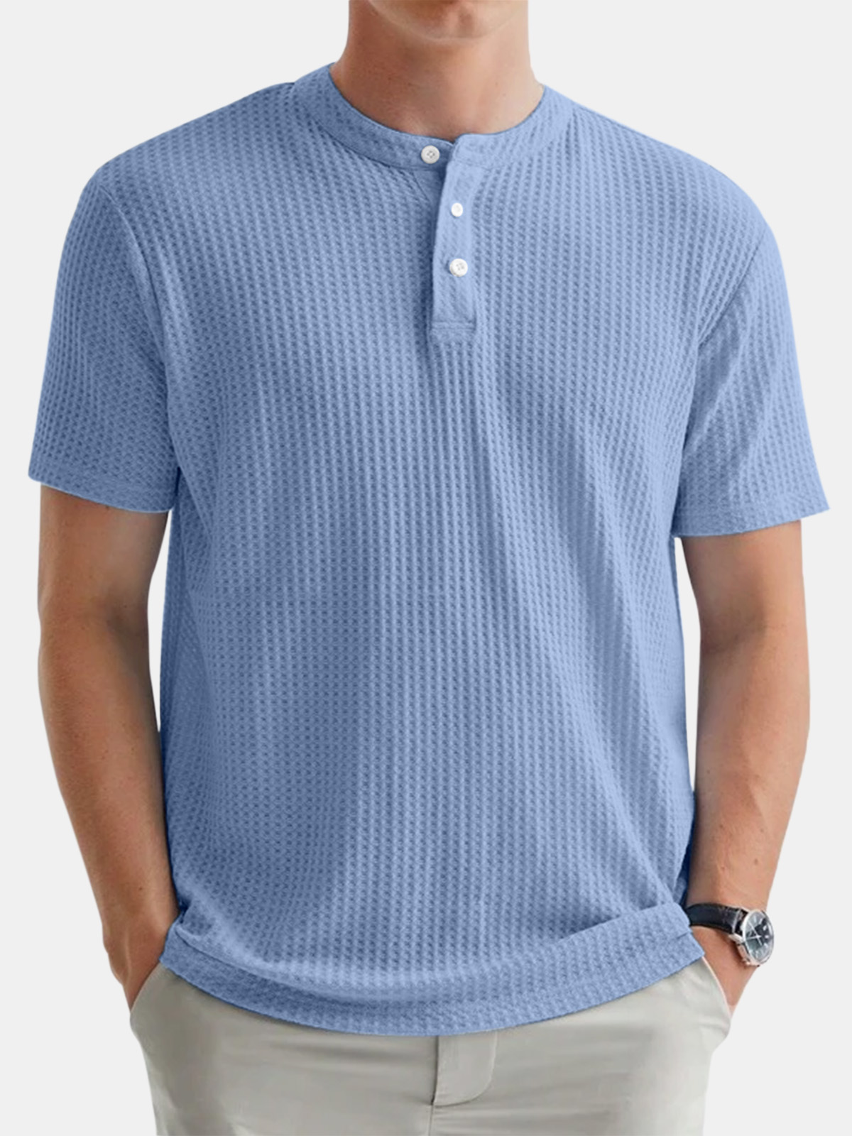 Men's Casual Solid Color Waffle Round Neck Button Down Short Sleeve Henley Shirt
