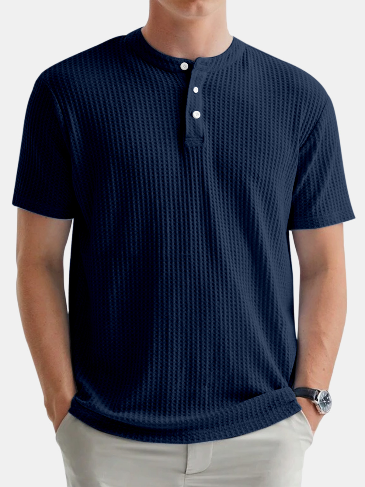 Men's Casual Solid Color Waffle Round Neck Button Down Short Sleeve Henley Shirt