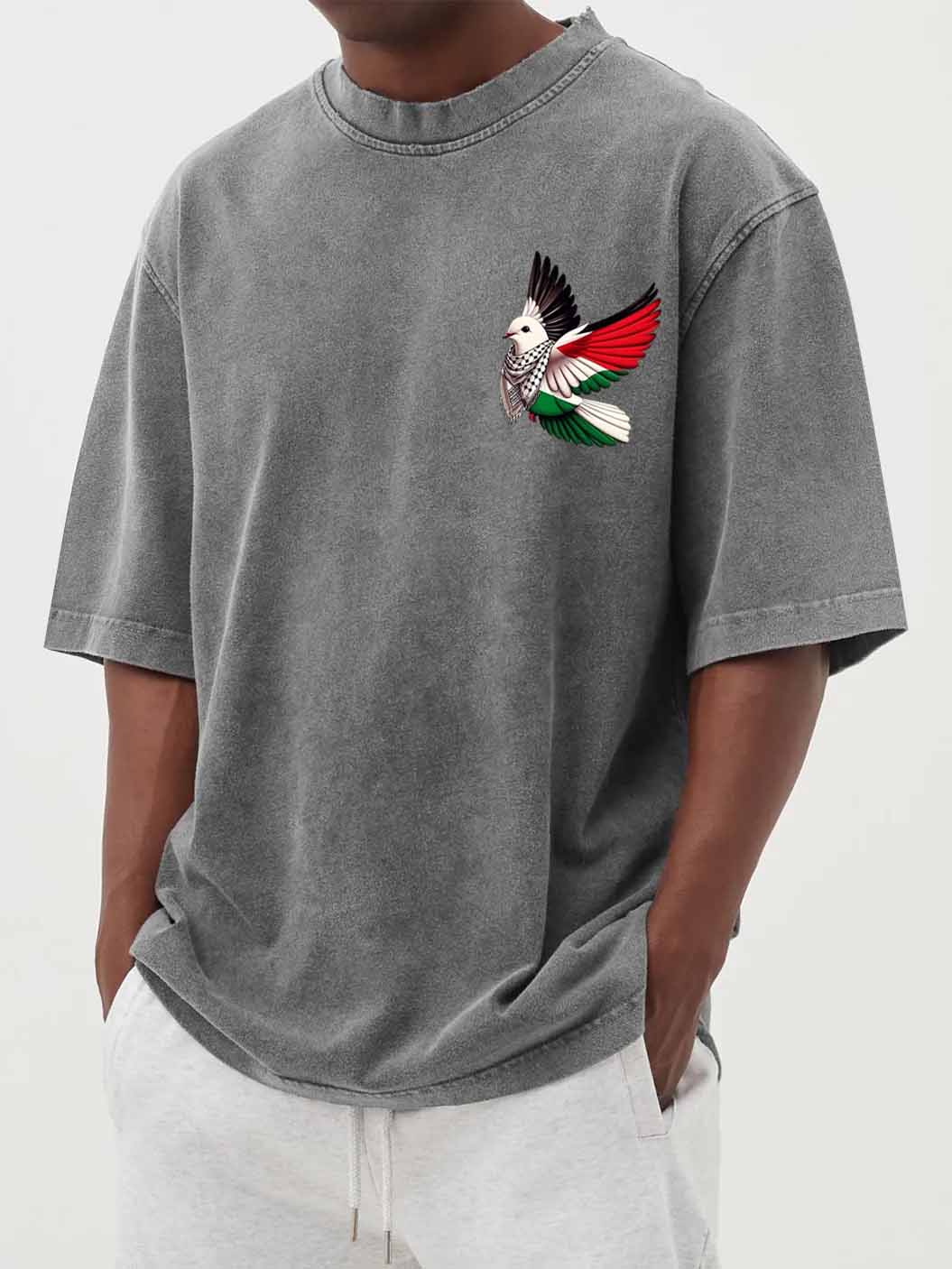 Men's Fashion Vintage Washed Peace Dove Print Short Sleeve T-Shirt