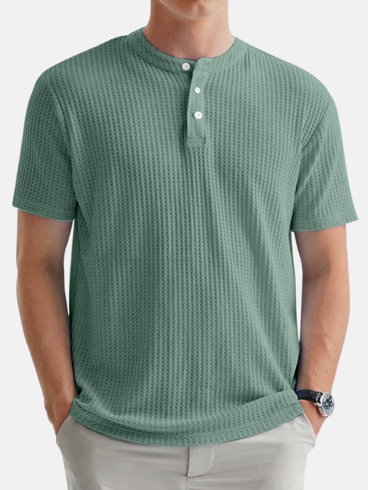 Men's Casual Solid Color Waffle Round Neck Button Down Short Sleeve Henley Shirt