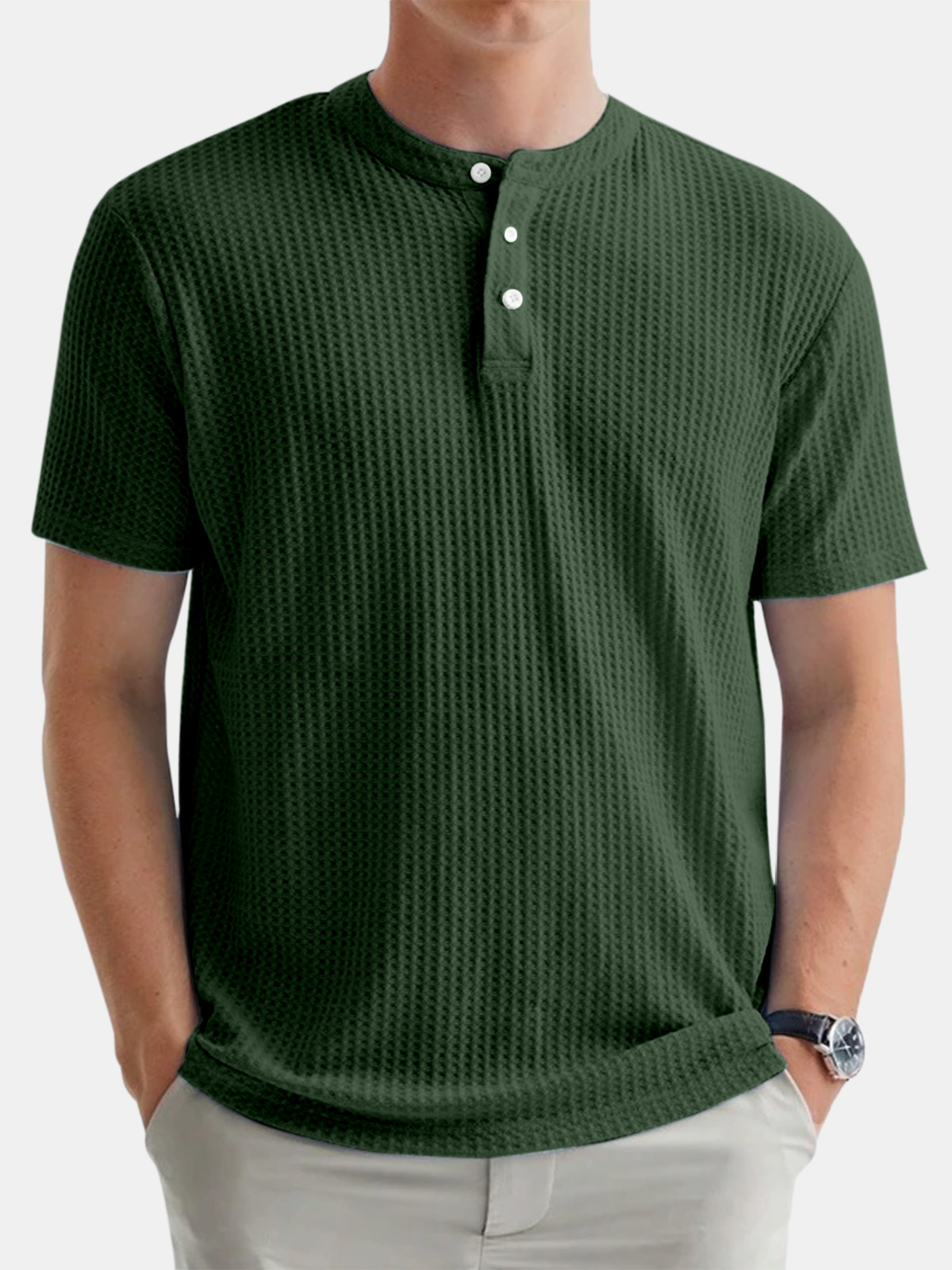 Men's Casual Solid Color Waffle Round Neck Button Down Short Sleeve Henley Shirt