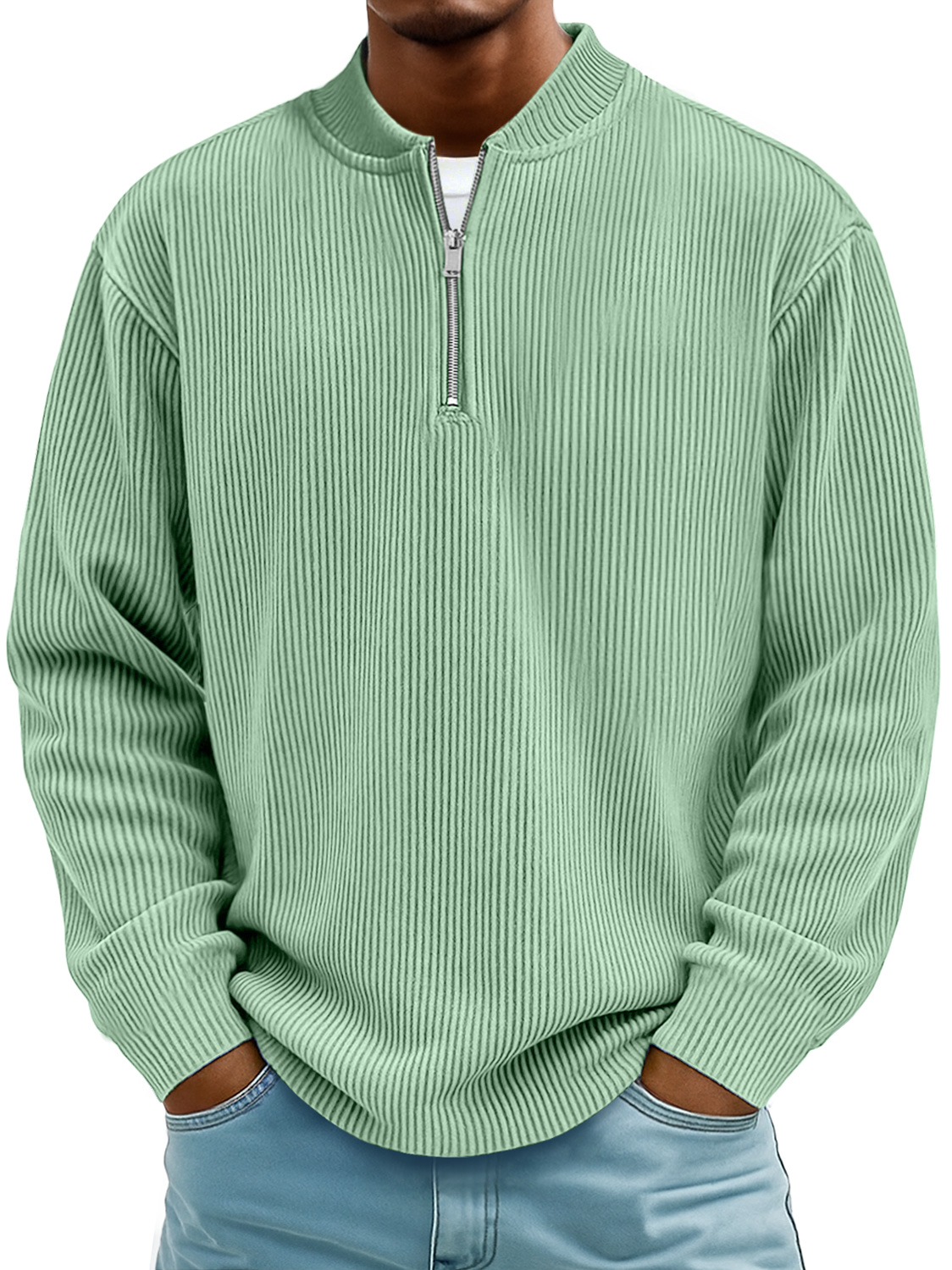 Men's Daily Striped Baseball Collar Zipper Casual Long Sleeve T-shirt