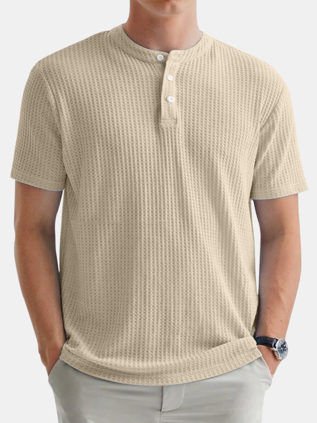 Men's Casual Solid Color Waffle Round Neck Button Down Short Sleeve Henley Shirt