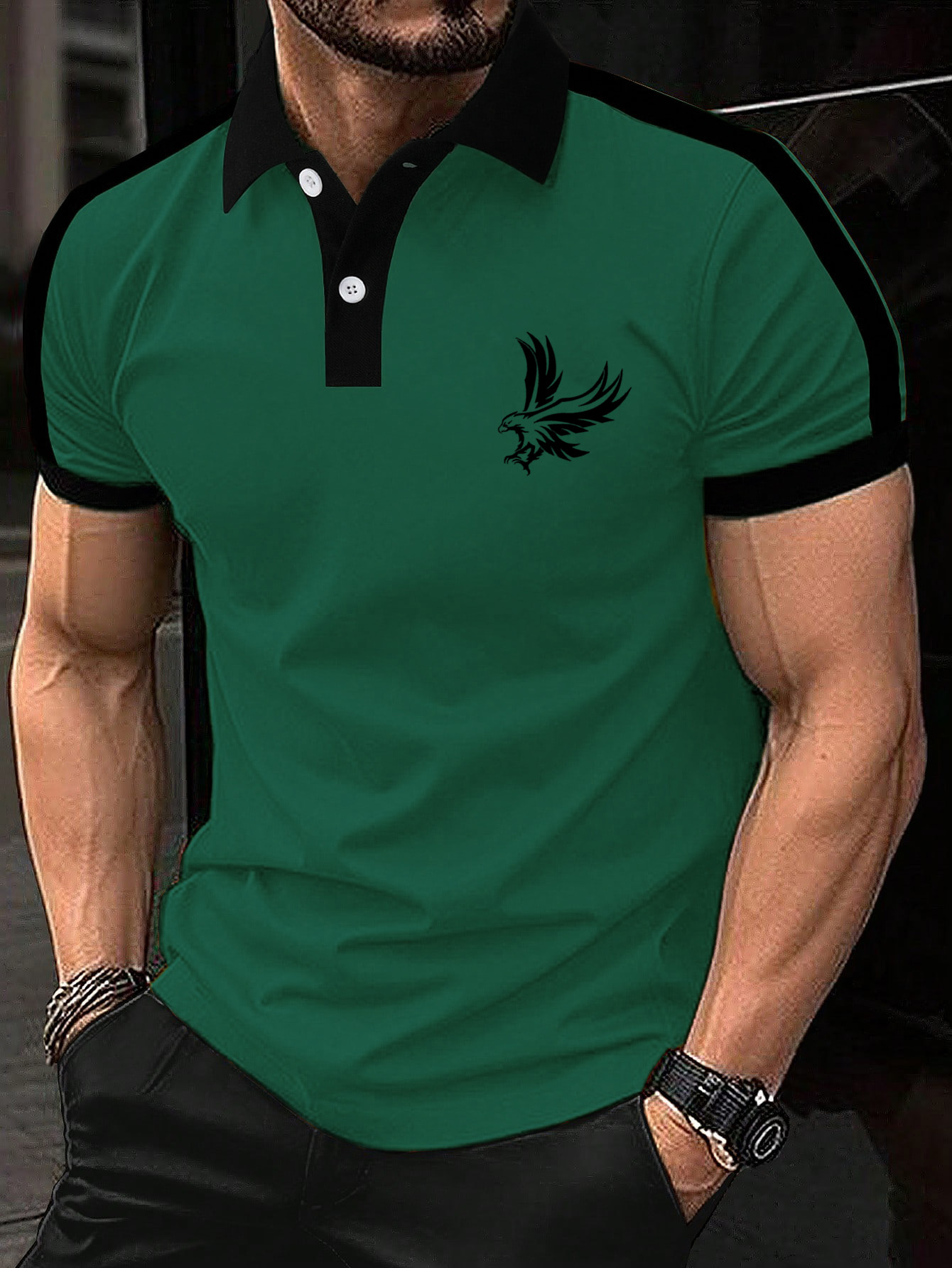 Men's Patchwork Eagle Print Short Sleeve Polo Shirt