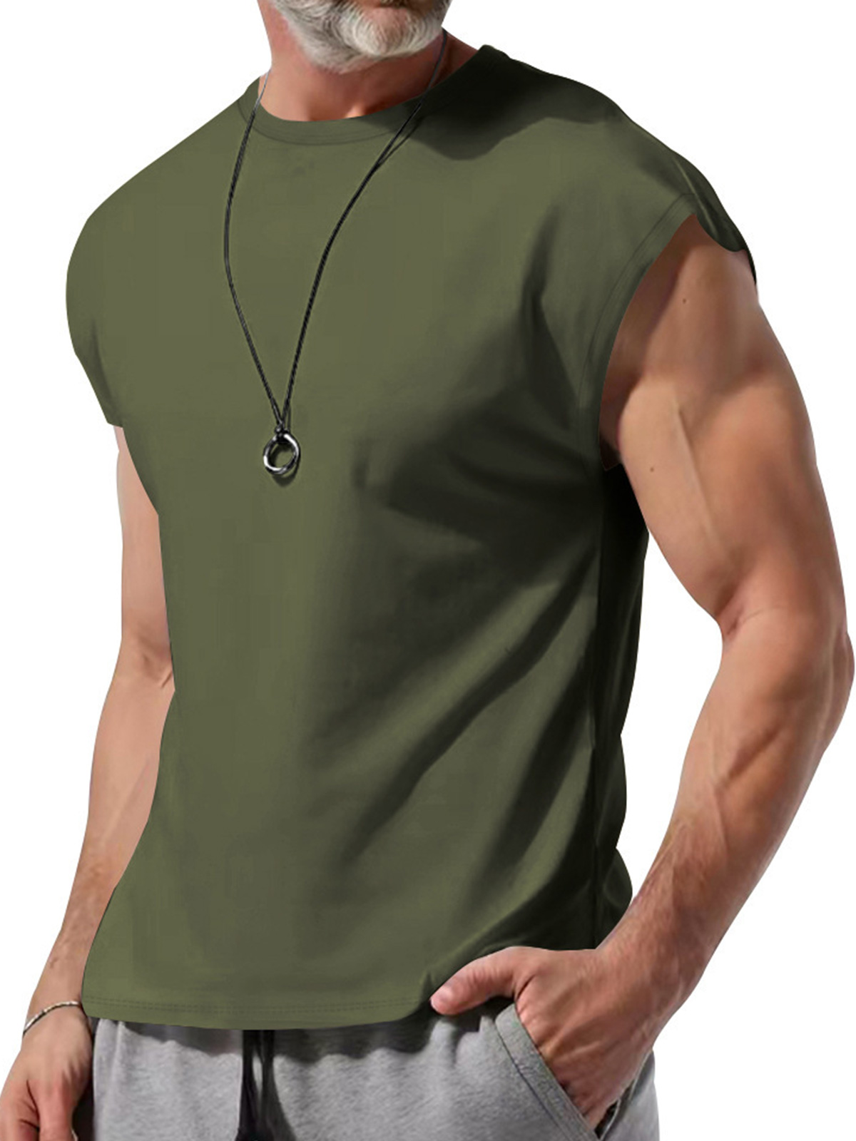 Men's Summer Cotton Round Neck Solid Color Sleeveless Tank Top T-Shirt