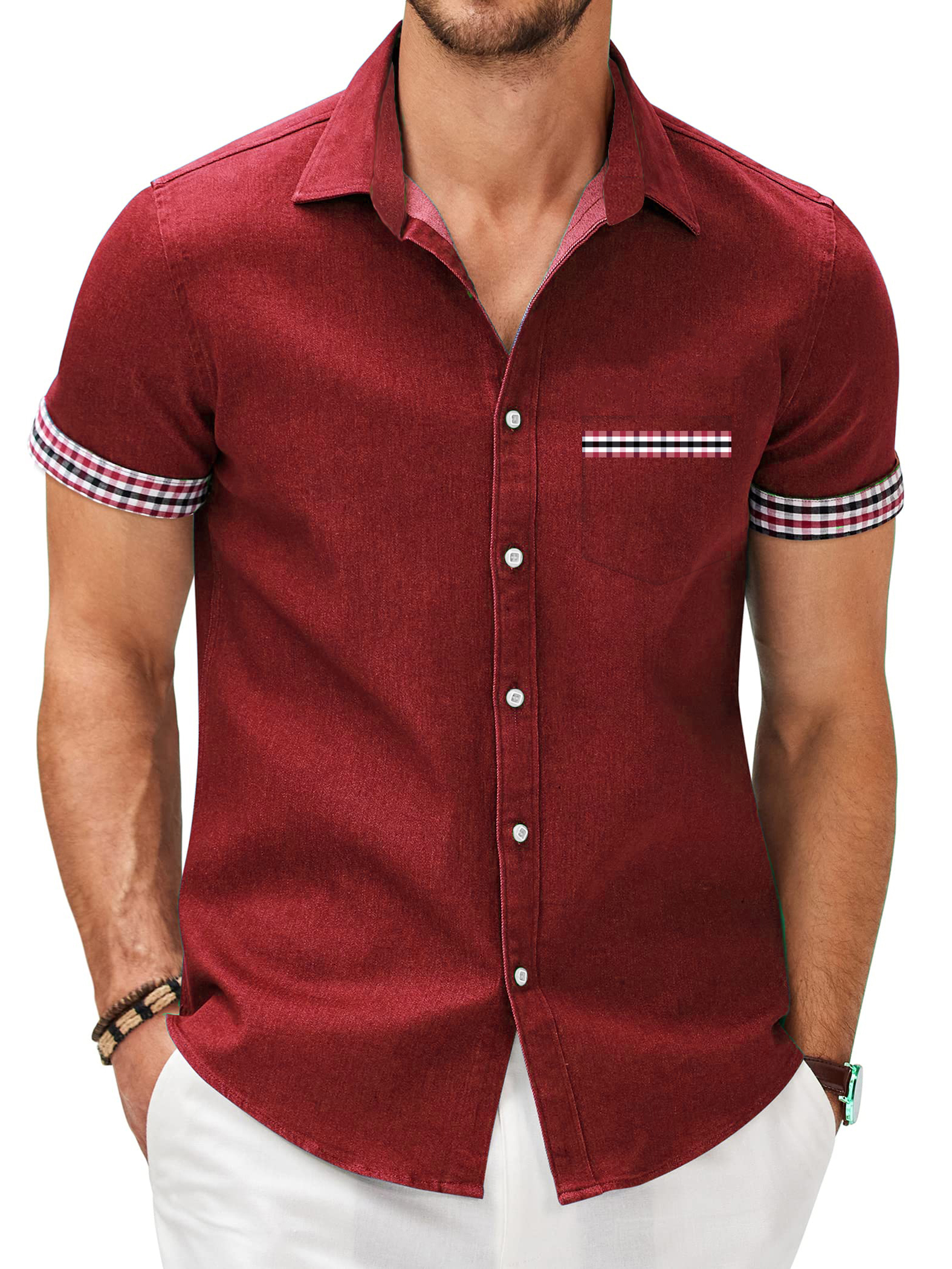 Men's Patchwork Plaid Print Pocket Short Sleeve Shirt