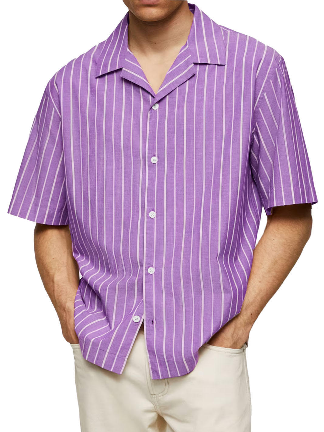 Men's Casual Striped Printed Cuban Collar Short Sleeve Shirt
