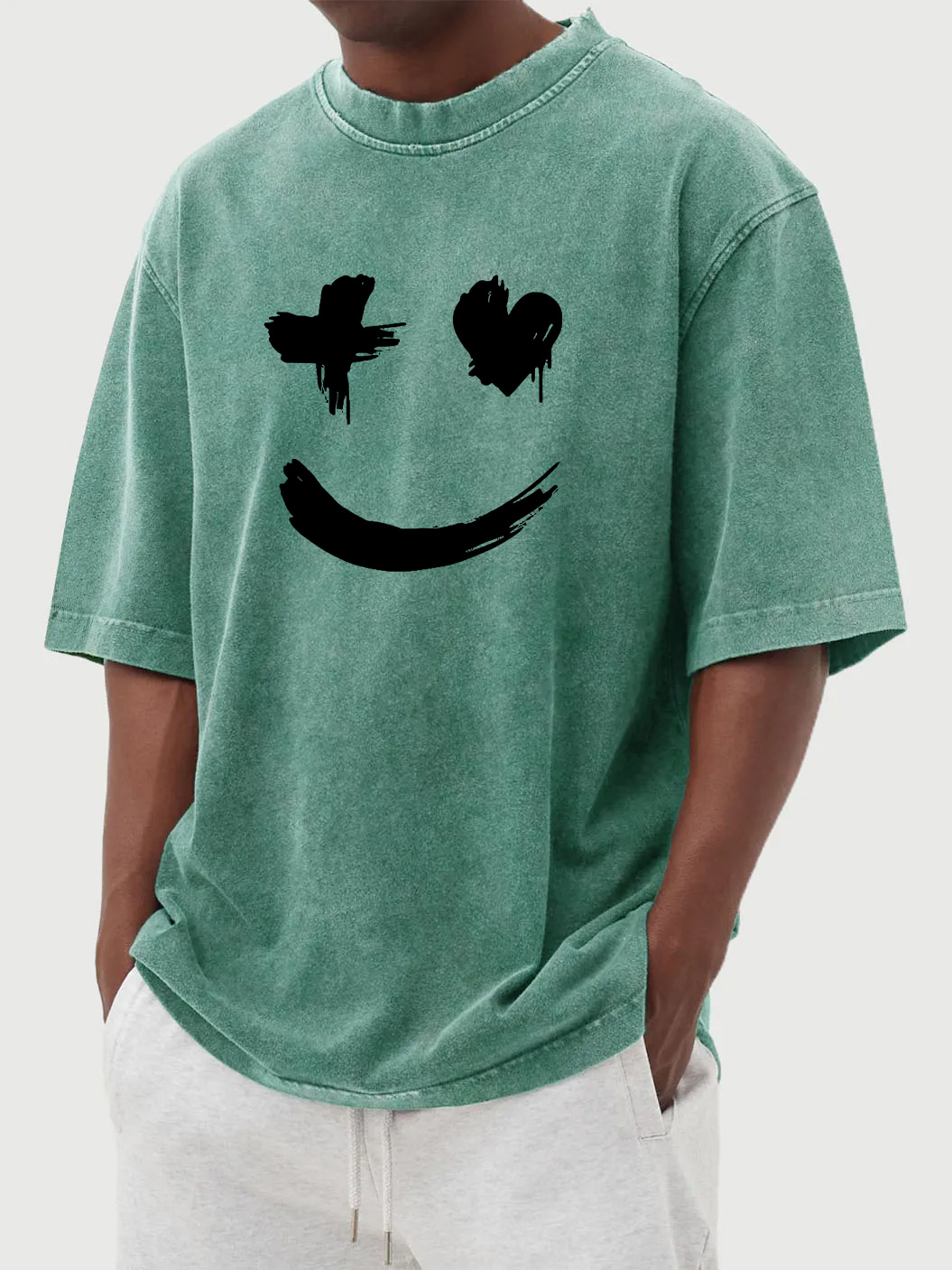 Men's vintage washed distressed heart smile print short-sleeved T-shirt