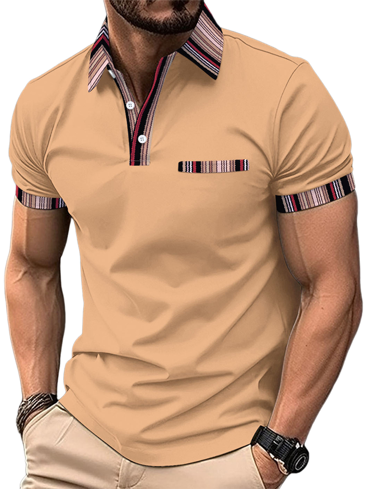 Men's Casual Fake Pocket Striped Color Block POLO Shirt