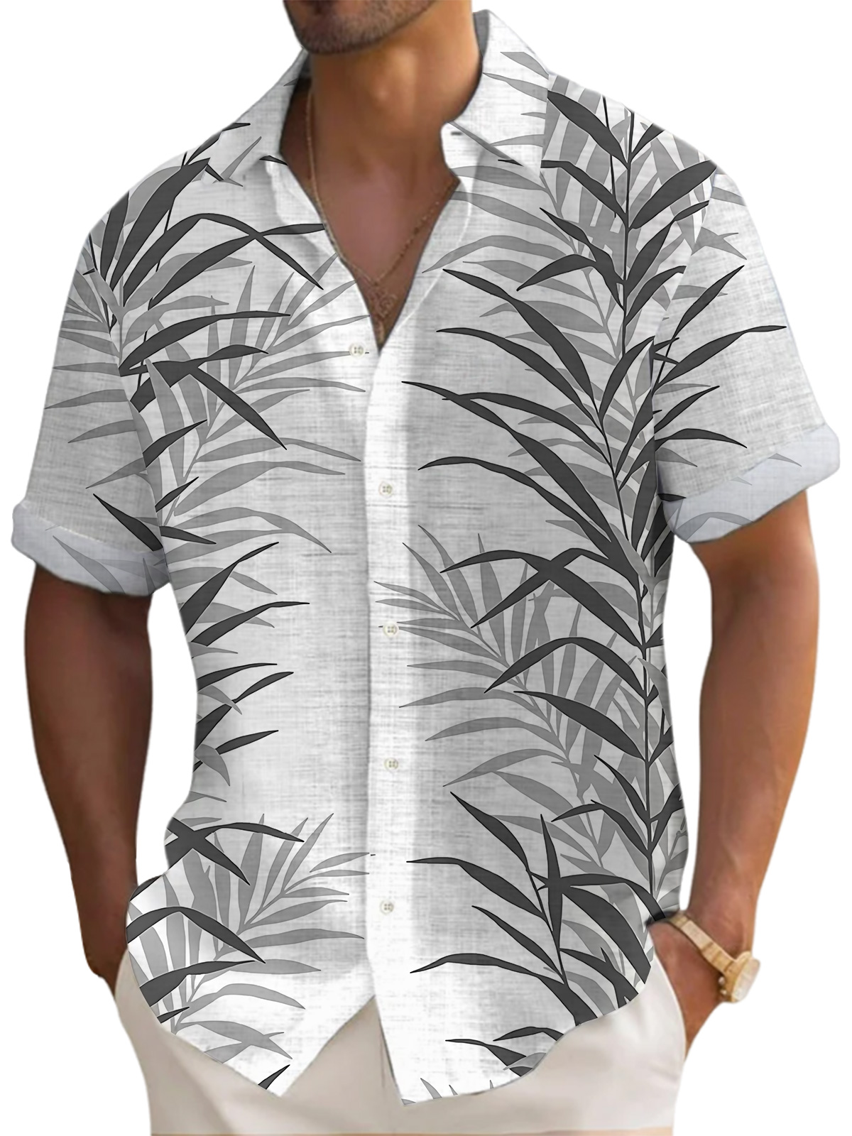 Men's Hawaiian Palm Leaf Print Short Sleeve Shirt