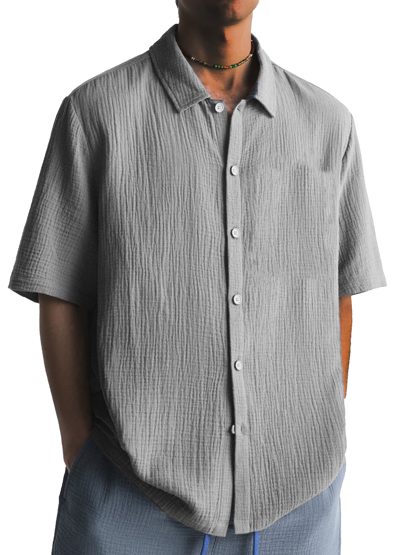 Men's Fashion Pleated Casual Lapel Short Sleeve Shirt
