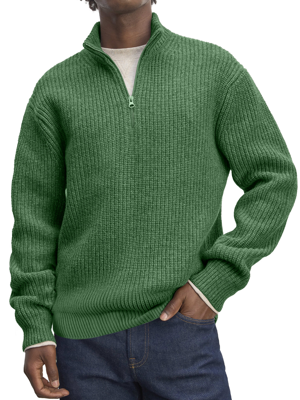 Men's Casual Stand Collar Zipper Solid Color Comfortable Knitted Sweater