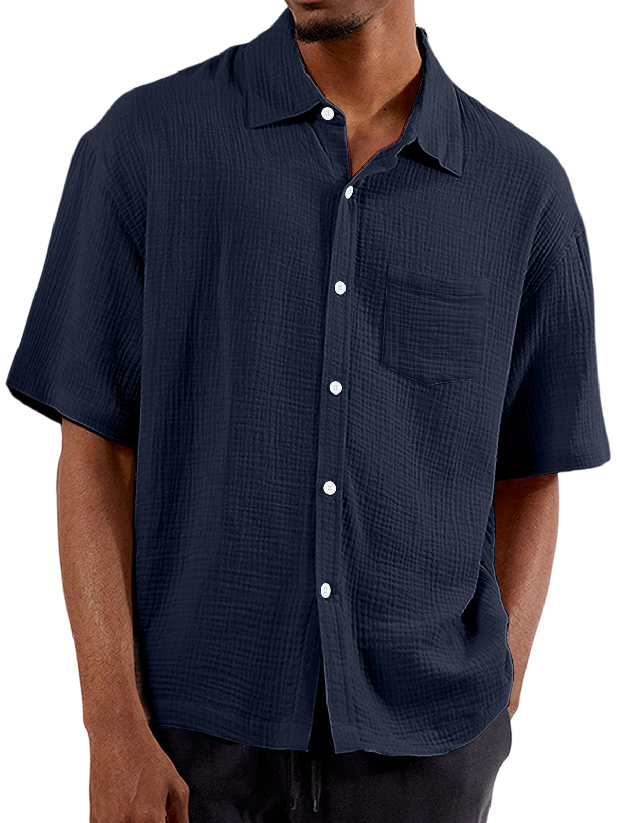 Men's Summer Solid Color Pleated Lapel Pocket Comfort Short Sleeve Shirt