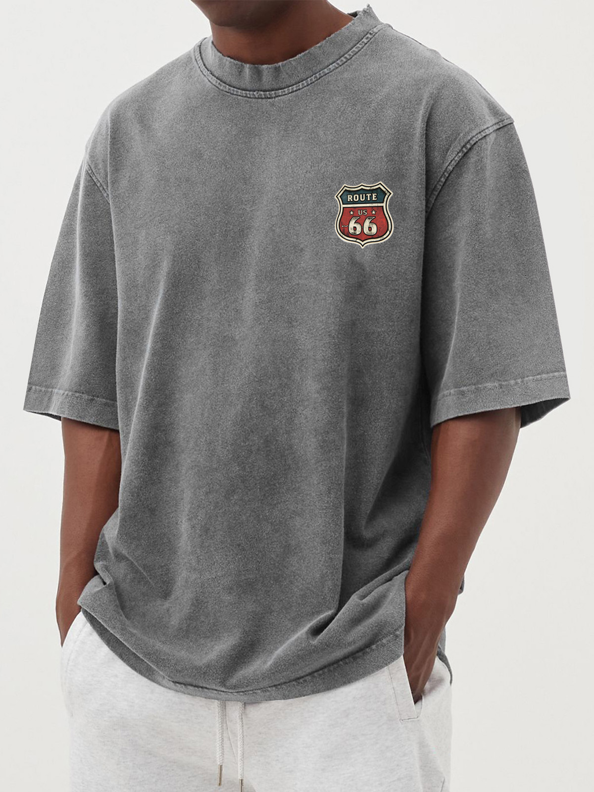 Men's Vintage Washed Route 66 Print Short Sleeve T-shirt