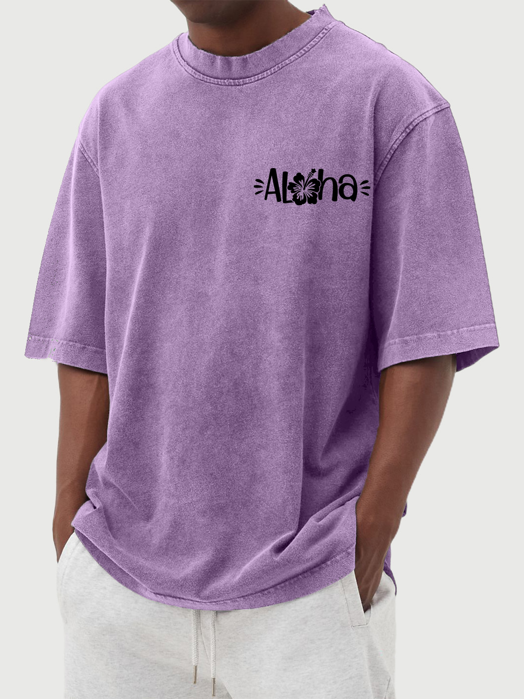 Men's Vintage Washed Hawaiian Aloha Hibiscus Cotton Short-sleeved T-shirt