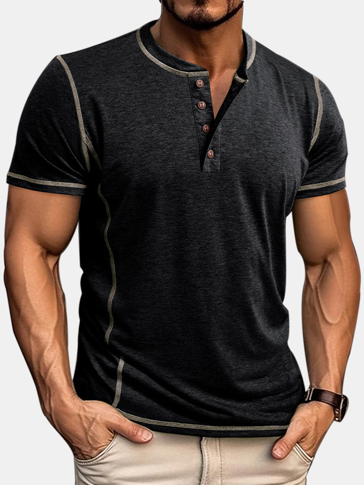 Men's Simple And Comfortable Solid Color Crew Neck Henley Shirt