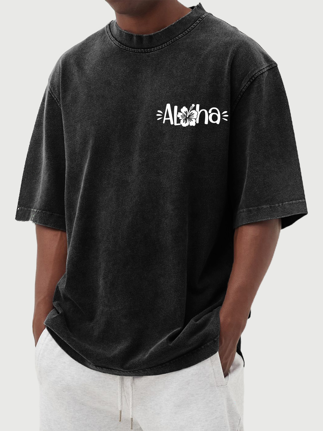 Men's Vintage Washed Hawaiian Aloha Hibiscus Cotton Short-sleeved T-shirt