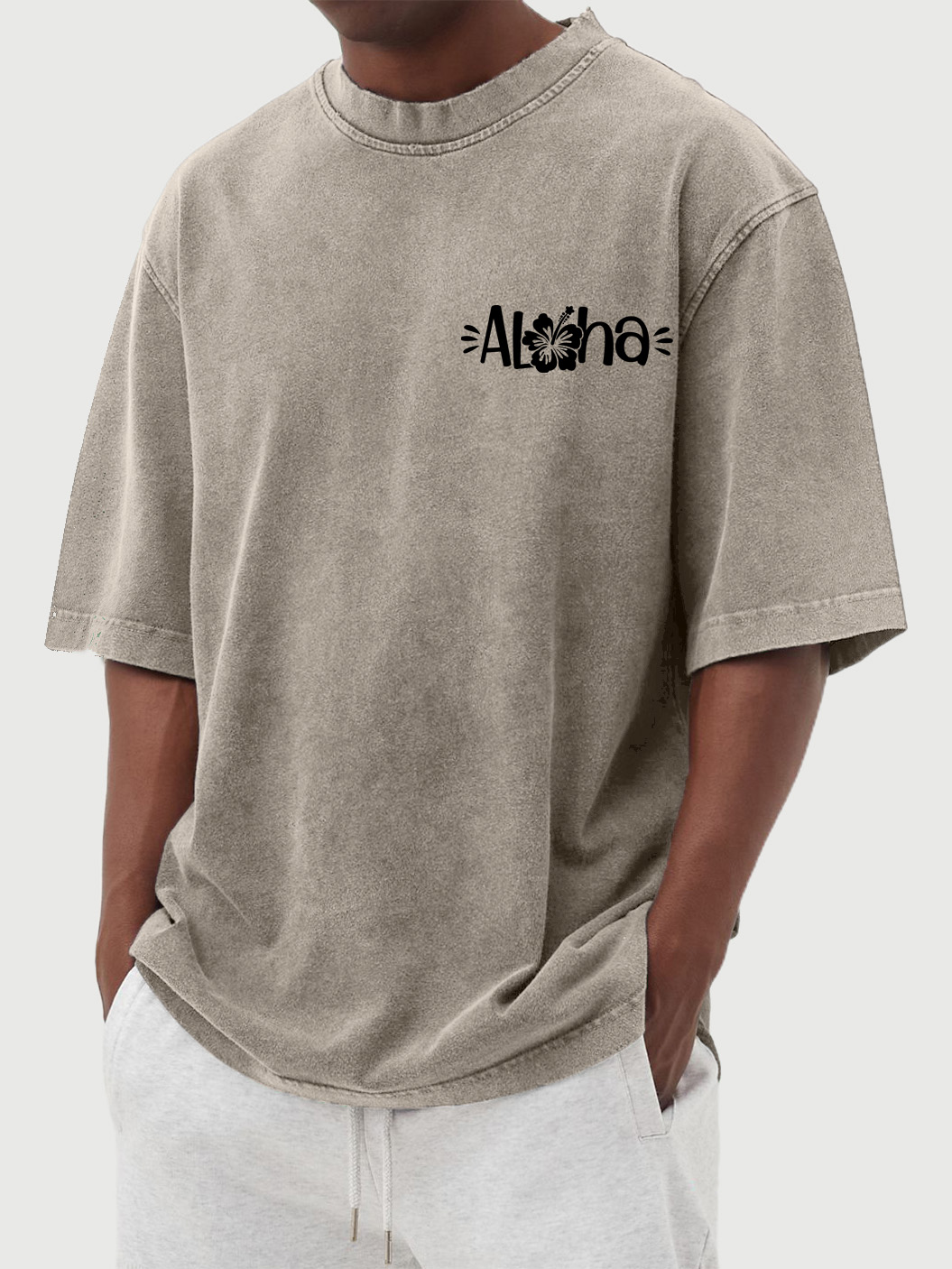 Men's Vintage Washed Hawaiian Aloha Hibiscus Cotton Short-sleeved T-shirt