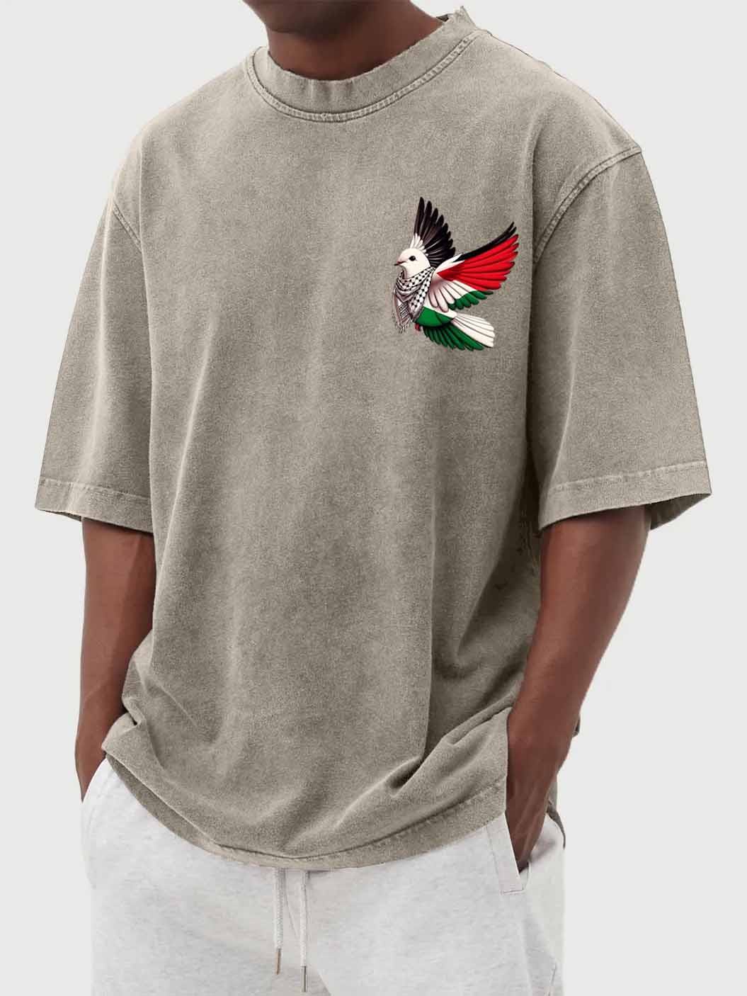 Men's Fashion Vintage Washed Peace Dove Print Short Sleeve T-Shirt