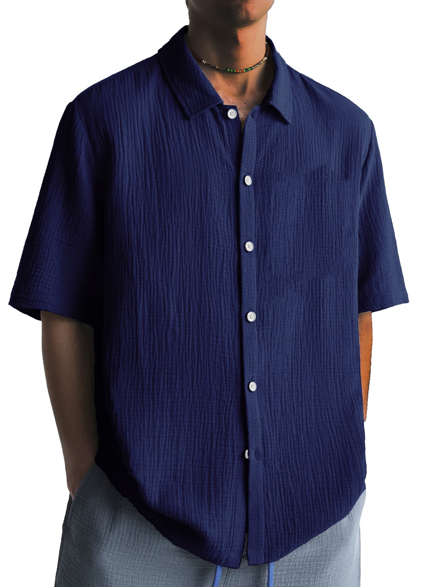 Men's Fashion Pleated Casual Lapel Short Sleeve Shirt