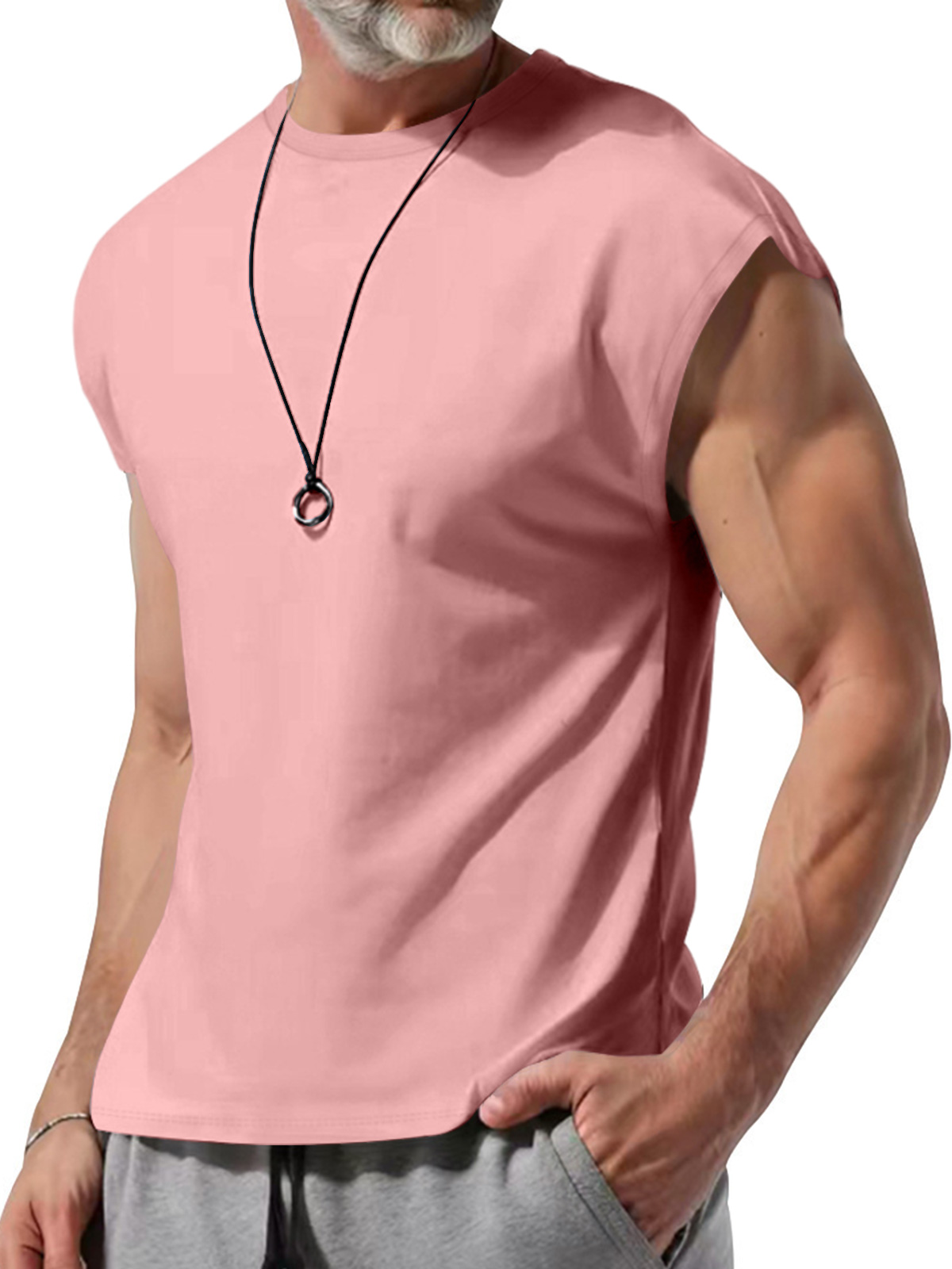 Men's Summer Cotton Round Neck Solid Color Sleeveless Tank Top T-Shirt