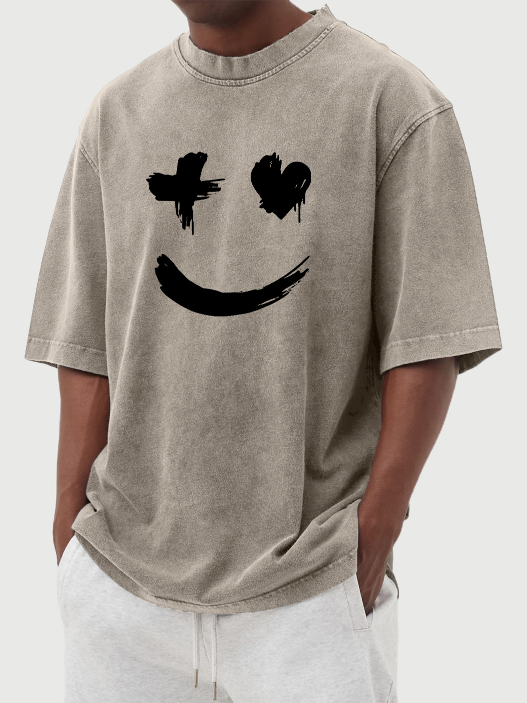 Men's vintage washed distressed heart smile print short-sleeved T-shirt