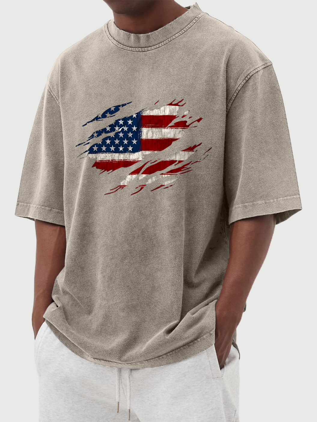 Men's vintage washed flag print cotton short-sleeved T-shirt