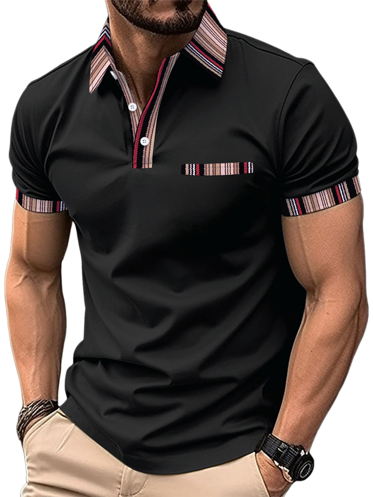 Men's Casual Fake Pocket Striped Color Block POLO Shirt