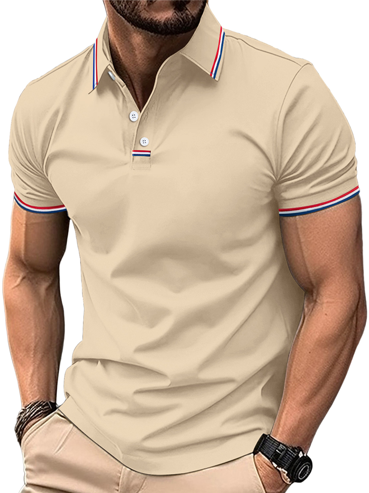 Men's casual POLO shirt with lapel placket and drawstring buttons