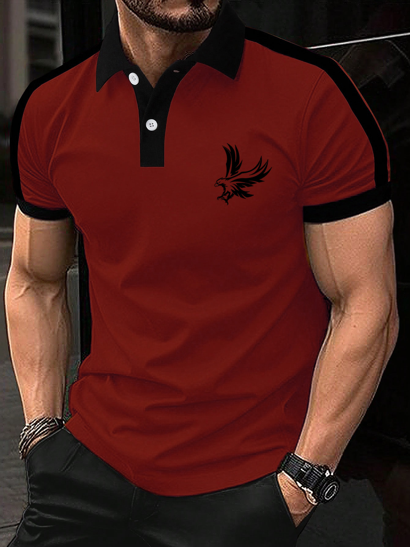 Men's Patchwork Eagle Print Short Sleeve Polo Shirt
