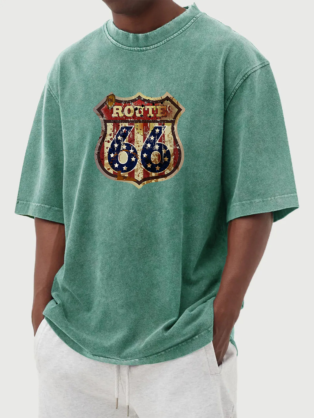 Men's vintage washed distressed Route 66 printed short-sleeved T-shirt