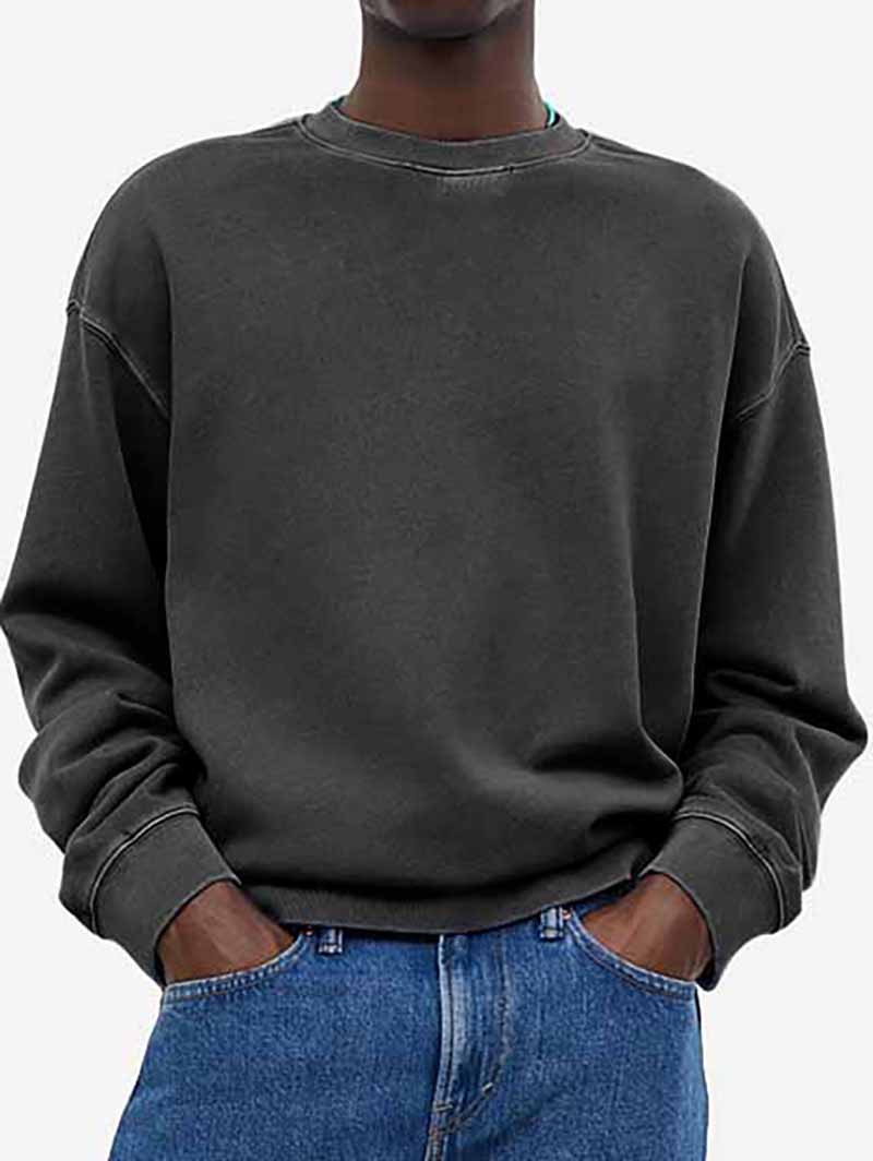Men's Fashionable Casual Distressed Washed Long-sleeved Crew Neck Sweatshirt